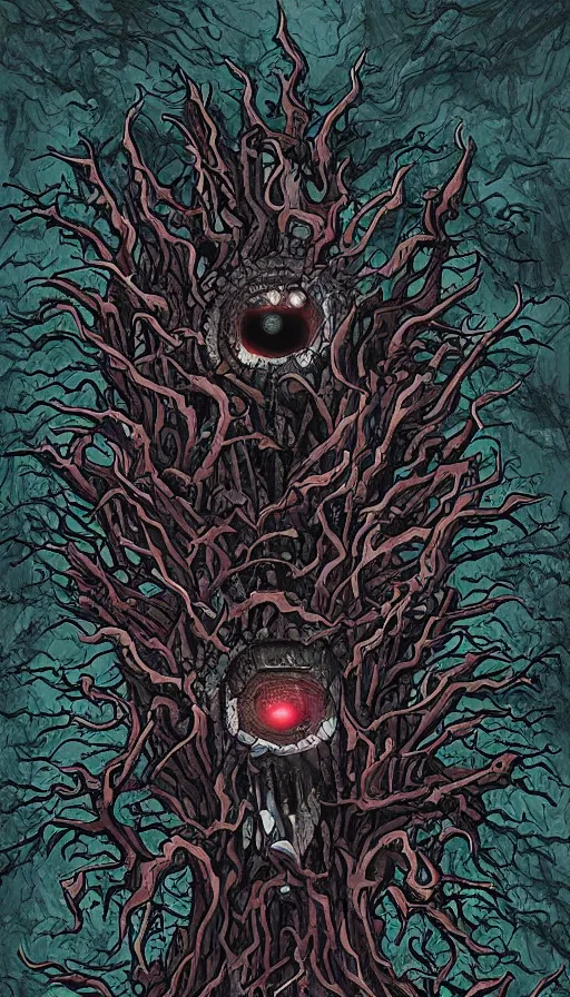 Image similar to a storm vortex made of many demonic eyes and teeth over a forest, by khara inc