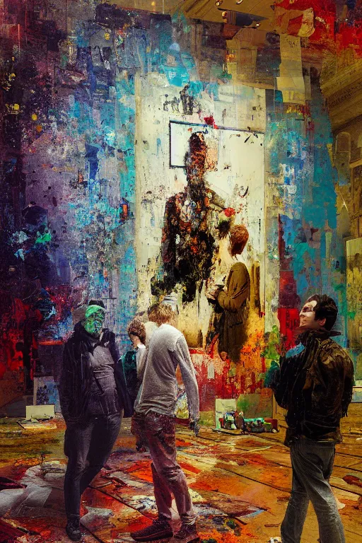 Image similar to a beautiful glitched painting by robert proch of people in front of a painting in a museum gallery, metal rust and plaster materials, pixel sorting, color bleeding, brushstrokes by jeremy mann, still life, dark colors