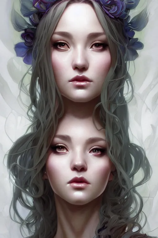 Image similar to character concept art portrait, magnolia mage, a seductive nature goddess in the style of artgerm, wlop, greg rutkowski, alphonse mucha and ayami kojima, realistic details, volumetric lighting, very very very very beautiful symmetrical face, trending on artstation, artstationhd, artstationhq, unreal engine, 4 k, 8 k