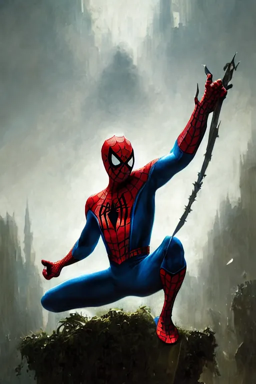 Image similar to spiderman, legendary warrior, heroic fighter, world of warcraft, decorative ornaments, battle armor, by carl spitzweg, ismail inceoglu, vdragan bibin, hans thoma, greg rutkowski, alexandros pyromallis, perfect face, sharply focused, sharply detailed, centered, rule of thirds, realistic shading