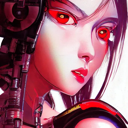 Image similar to A beautiful cyborg woman with big and cute eyes || VERY ANIME, fine-face, red and black robotic parts, realistic shaded perfect face, fine details. Anime. realistic shaded lighting poster by Ilya Kuvshinov katsuhiro otomo ghost-in-the-shell, magali villeneuve, artgerm, Jeremy Lipkin and Michael Garmash, Rob Rey and Kentarõ Miura style, trending on art station