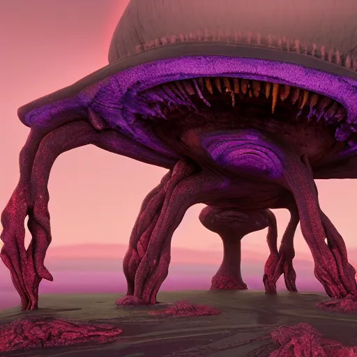 Image similar to a grotesque alien landscape, purple sky and weird alien structures, cinematic, unreal engine 5