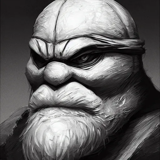 Image similar to teenage mutant ninja turtle, michelangelo, old, white beard, wrinkles, handsome, portrait, profile, intricate, detailed, volumetric lighting, scenery, digital painting, highly detailed, artstation, sharp focus, illustration, concept art, ruan jia, steve mccurry