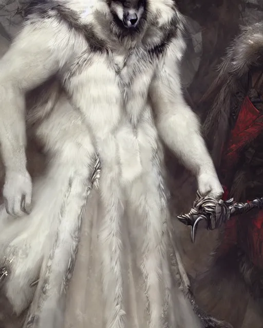 Prompt: a anthropomorphic wolf king with white fur. Renowned character illustration by by Edgar Maxence and Ross Tran