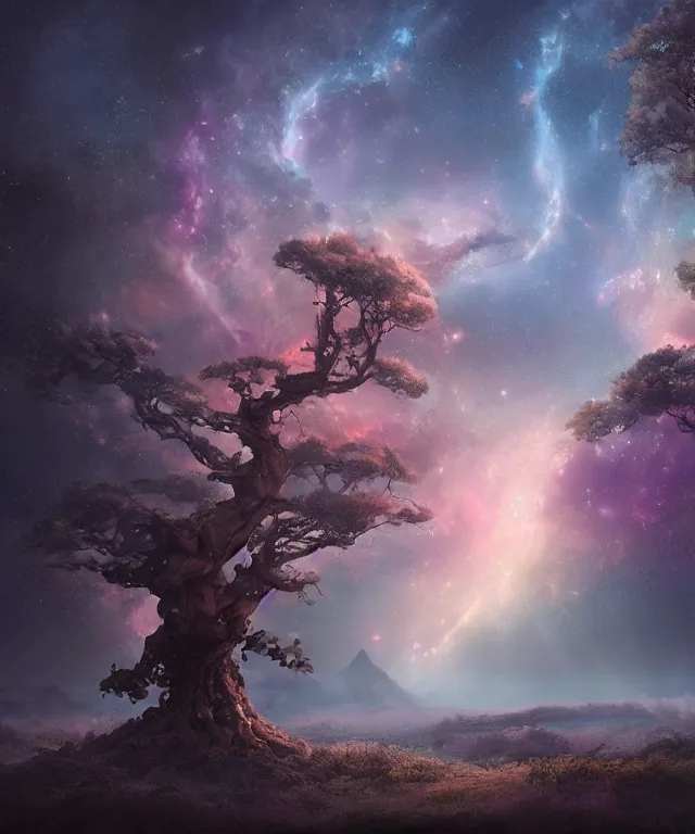 Image similar to a beautiful dreamlike terrain with large twisting trees and the nebula peeking through the sky, digital matte painting by yucong tang