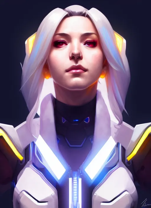 Image similar to symmetry portrait of mercy from overwatch as a male man, sci - fi, tech wear, glowing lights intricate, elegant, highly detailed, digital painting, artstation, concept art, smooth, sharp focus, illustration, art by artgerm and greg rutkowski and alphonse mucha