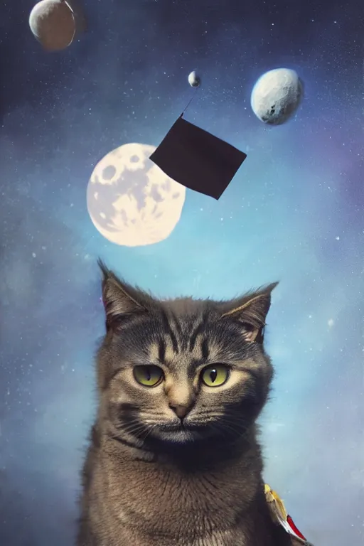 Prompt: cats in space suits place their cat flag on the moon, digital painting, realism, artstation, concept art, smooth, sharp focus, illustration, art by mike winklemann and matt schu