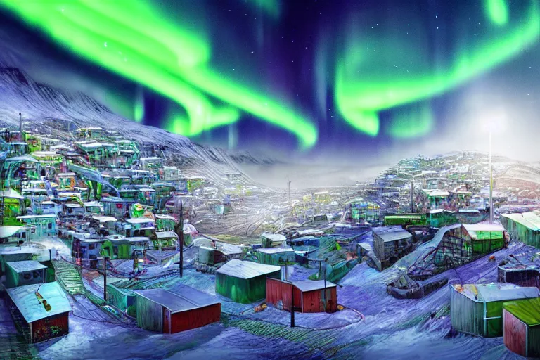 Image similar to favela winding cybernetic thrill ride, snowy arctic environment, blooms, industrial factory, bright, aurora borealis, award winning art, epic dreamlike fantasy landscape, ultra realistic,