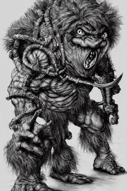 Image similar to hunched troll with a horn on his head, fantasy, highly detailed, digital art, sharp focus, trending on art station, kentaro miura manga art style