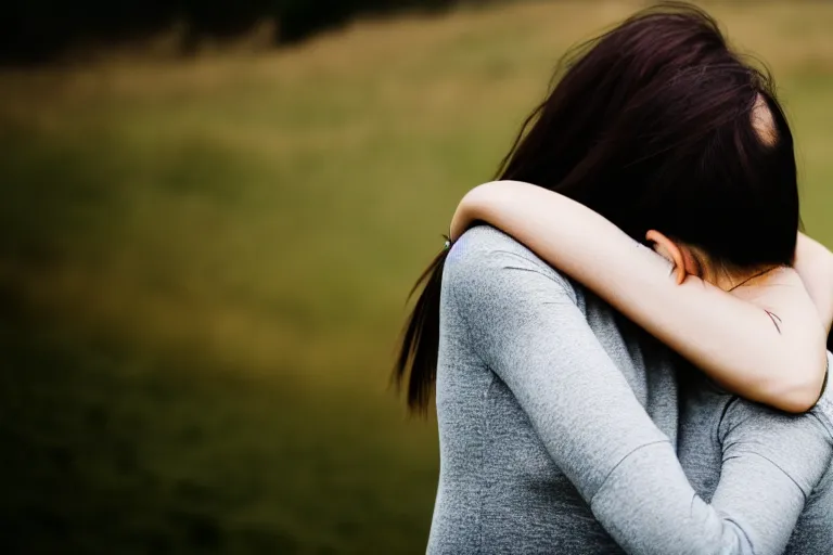 Image similar to a full shot of a woman hugging herself