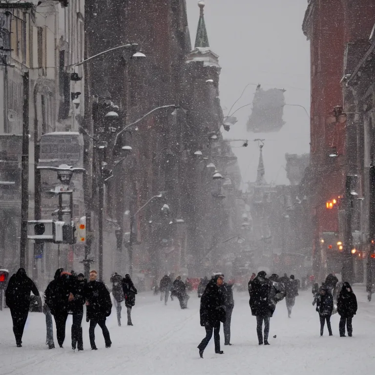 Image similar to photo of people on the snowy Moscow streets, high details, 70mm