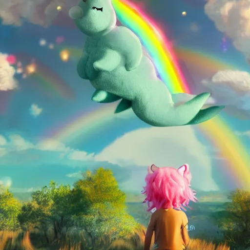 Image similar to cutest huge fantasy cloud animal, with sprouting rainbow hair, hd, japanese anime artist drawn, dlsr, dream animal cute eyes, trending on artstation, cotton candy, octane render, cinematic