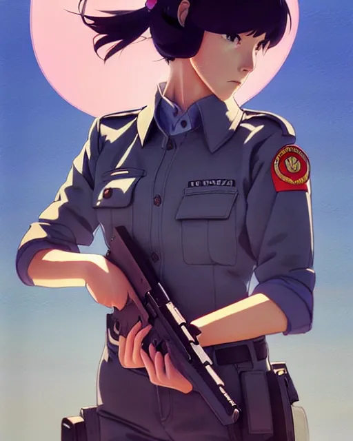 Image similar to girl wearing uniform, holding pistol at side, windy, cool pose | | audrey plaza, fine detail!! anime!! realistic shaded lighting!! poster by ilya kuvshinov katsuhiro otomo ghost - in - the - shell, magali villeneuve, artgerm, jeremy lipkin and michael garmash and rob rey