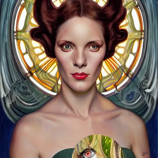 Image similar to an art nouveau, ( streamline moderne ), multi - racial portrait in the style of donato giancola and anna dittmann and charles dulac. very large, clear, expressive, and intelligent eyes. symmetrical, centered, ultrasharp focus, dramatic lighting, photorealistic digital matte painting, intricate ultra detailed background.