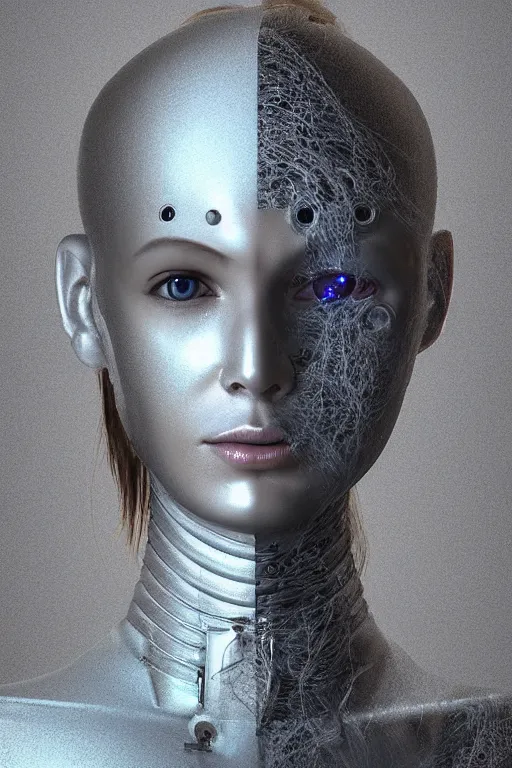 Image similar to robot with human face, female head, woman human face, human face realistic, human head, cyborg frame concept, cyborg by ales-kotnik, sci-fi android female