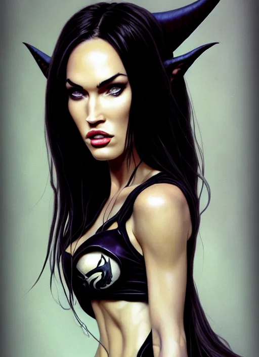 Image similar to portrait of megan fox as a evil demon, hornes, batwings, hell, jewelry, greek, dark, intricate, headshot, key visual, conceptart, ambient lighting, highly detailed, digital painting, artstation, concept art, sharp focus, by makoto shinkai and akihiko yoshida and greg manchess