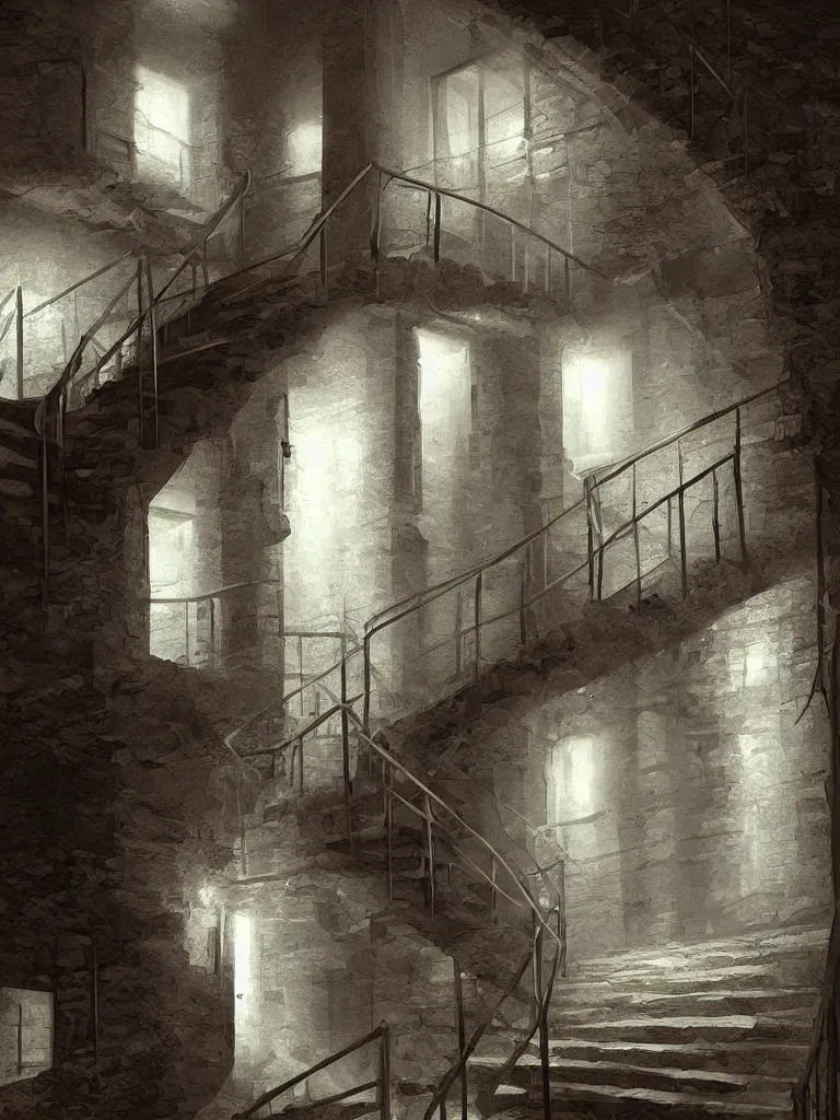 Image similar to down a basement staircase digital painting concept art smooth sharp focus hyperrealistic illustration artstati