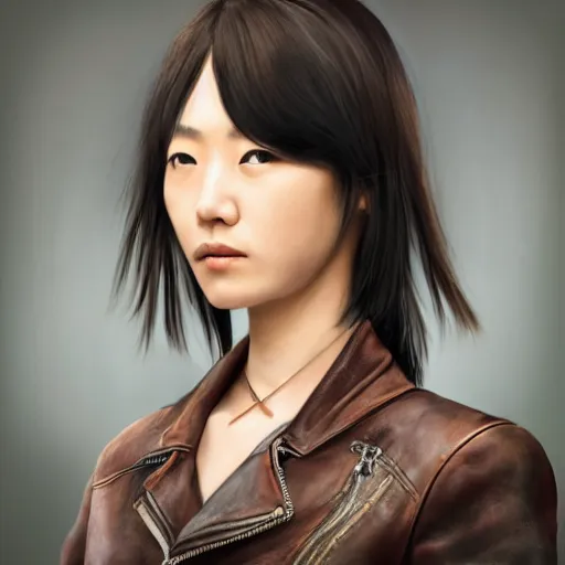 Prompt: perfect, realistic oil painting of close-up japanese young woman wearing leather jacket, in Neverwinter