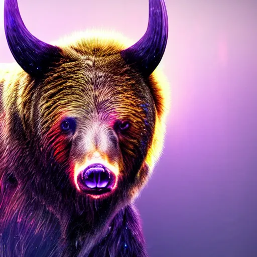 Prompt: Photorealistic horned bear. Hyperdetailed photorealism, 108 megapixels, amazing depth, glowing rich colors, powerful imagery, psychedelic Overtones, 3D finalrender, 3d shading, cinematic lighting, artstation concept art