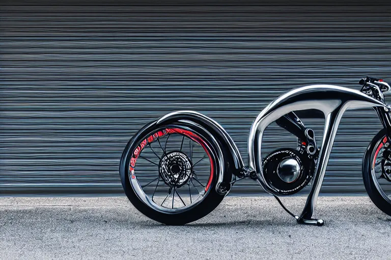 Image similar to A professional garage photograph of a futuristic super bike made of a slick metallic substance.