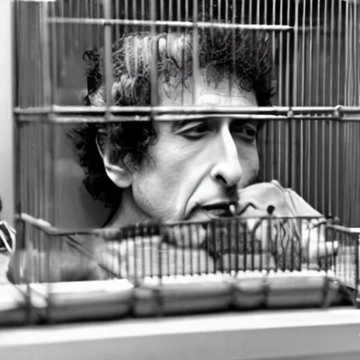 Image similar to bob dylan in a small cage at a pet store, his cage has a price tag