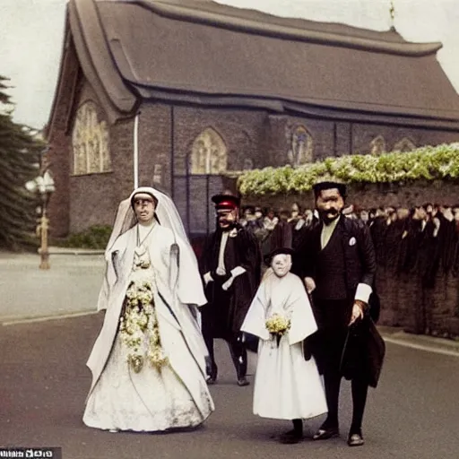 Prompt: The Empress was smiling and waving to the spectators as they waited outside the church in this extreme wide shot, coloured black and white Russian and Japanese combination historical fantasy photographic image of a Royal wedding taken in 1907 by the event's official photographer