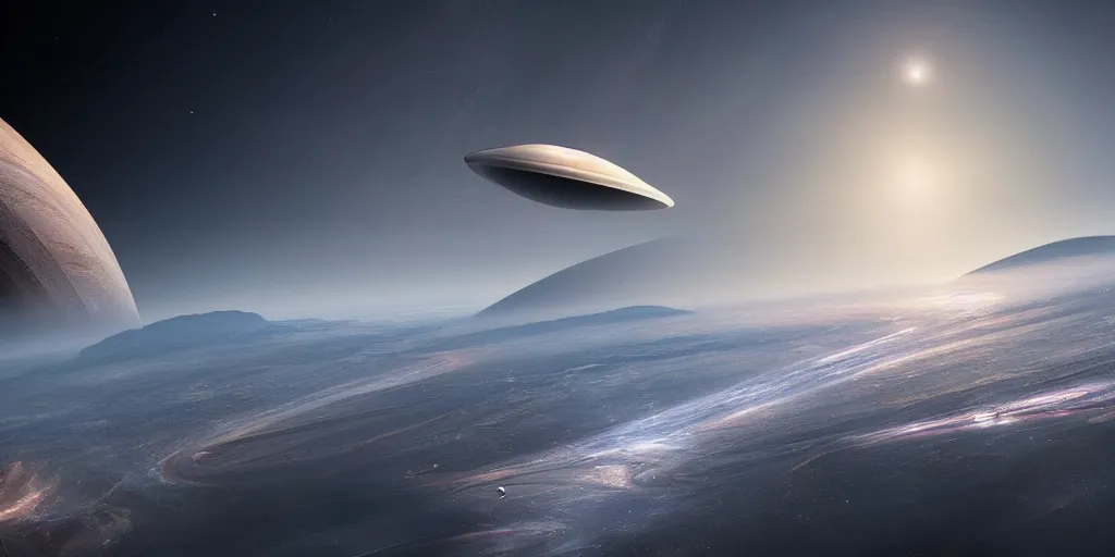 Image similar to a beautiful view of a spacecraft hovering above the fjord of saturn, matte painting, cinematic lighting, hyper - detailed, 4 k, scifi