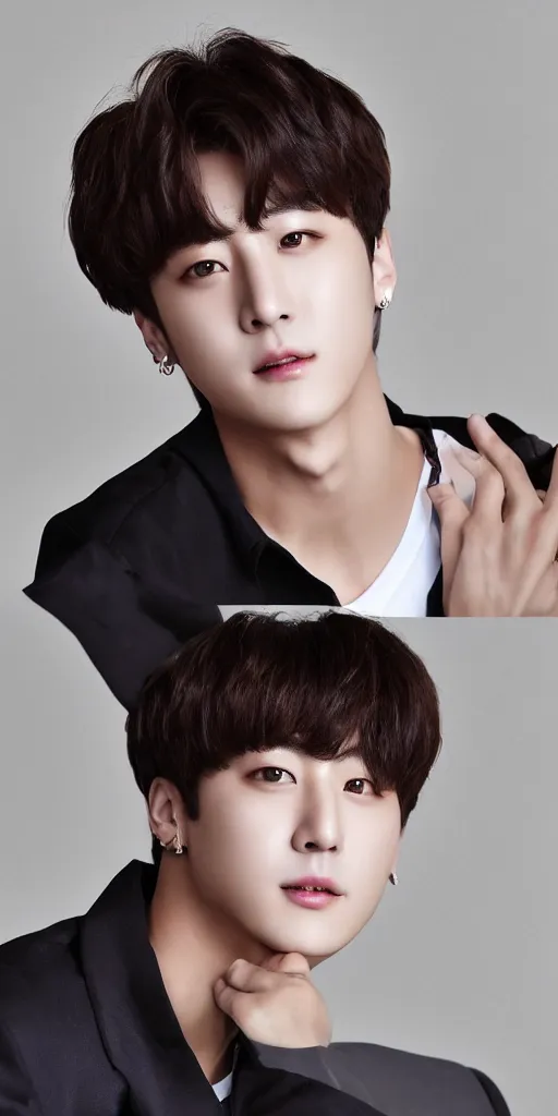 Image similar to jungkook of bts modeling, portrait, photo realistic, grin