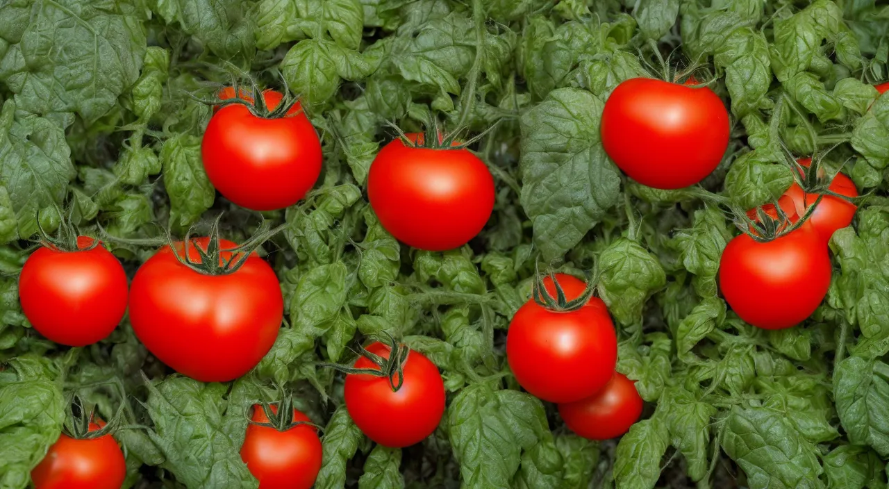 Image similar to a frighteningly red tomato, too red, glowing with an unearthly intensity, halos of light, led cybernetic tomatoes, magically glowing on the vine, haze, atmospheric lighting