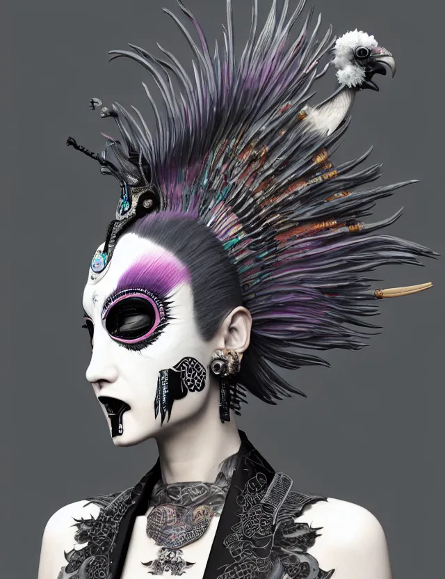 Image similar to 3 d goddess close - up profile portrait punk with mohawk with ram skull. beautiful intricately detailed japanese crow kitsune mask and clasical japanese kimono. betta fish, jellyfish phoenix, bio luminescent, plasma, ice, water, wind, creature, artwork by tooth wu and wlop and beeple and greg rutkowski