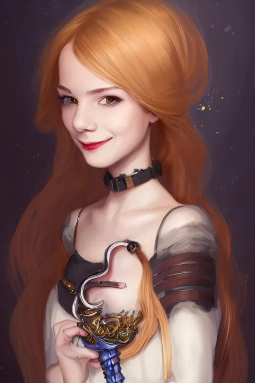 Image similar to portrait of a gorgeous young female artificer holding a strange device, looking at camera, D&D, choker on neck, stylish dress, mouth slightly open, cute slightly nerdy smile, very long flowing hair, intricate, elegant, stylish, fantasy, extremely detailed, digital painting, artstation, concept art, smooth, sharp focus, illustration, stunning lighting, art by artgerm and greg rutkowski and alphonse mucha and simon stalenhag