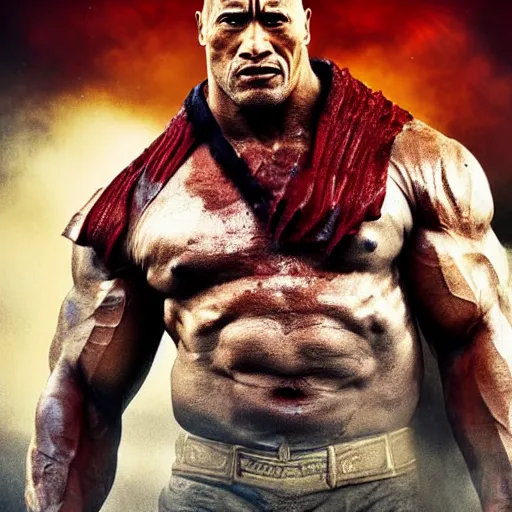 Prompt: Dwayne the Rock Johnson as the devil, horns and red eyes, full body shot, visible face and eyes, post apocalyptic, high res render, octane cgsociety