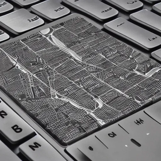 Image similar to a city built on the keyboard of a macbook, ultra detailed