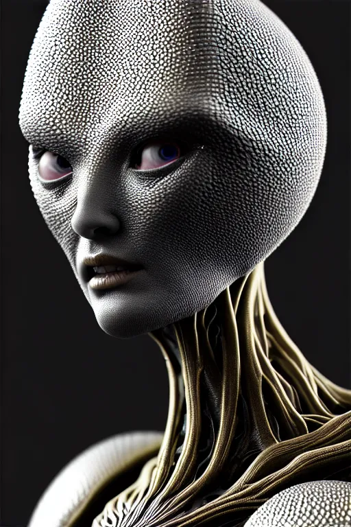 Image similar to bw close - up profile face, black background, beautiful young porcelain vegetal - dragon - cyborg - female, 1 5 0 mm, beautiful natural soft rim light, silver gold details, magnolia leaves and stems, roots, mandelbot fractal, elegant, ultra detailed, white metallic armour, octane render, h. r. giger style