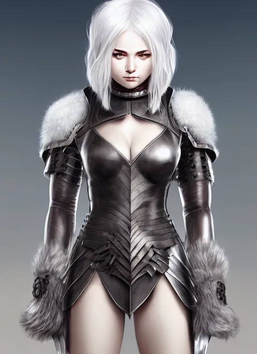 Image similar to warrior, fur leather armor!!! beautiful and elegant white hair female!! gorgeous ayes!! character concept art, sharp focus, octane render! unreal engine 5! highly rendered!! trending on artstation!! detailed linework!! illustration by artgerm, wlop, and chie yoshii