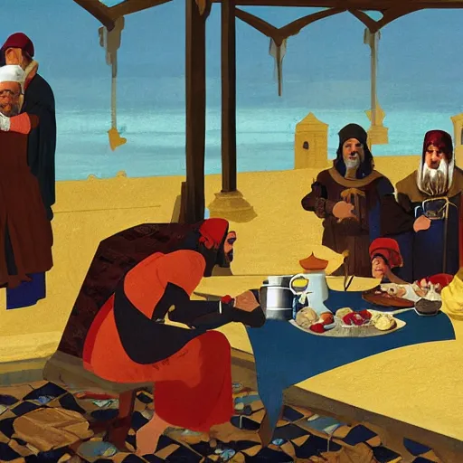 Prompt: ' a medieval turkish nobleman takes breakfast at his coastal manor with his family '. gouache matte painting by angus mcbride, 8 k, digital matte painting with high fidelity textures and figures.