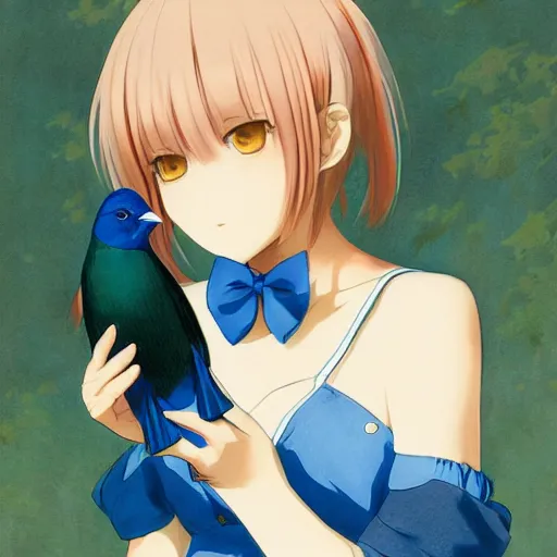 Image similar to colored pencil, anime art, beautiful full body female pinup girl, she is holding an indigo bunting bird, in her hand, the bird is wearing a bowtie, wlop, rossdraws sakimimichan, ilya kuvshinov, krenz cushart, greg rutkowski