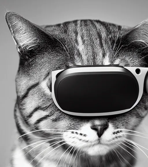 Prompt: a 4 k photorealistic photo of a cat wearing a vr headset on its head