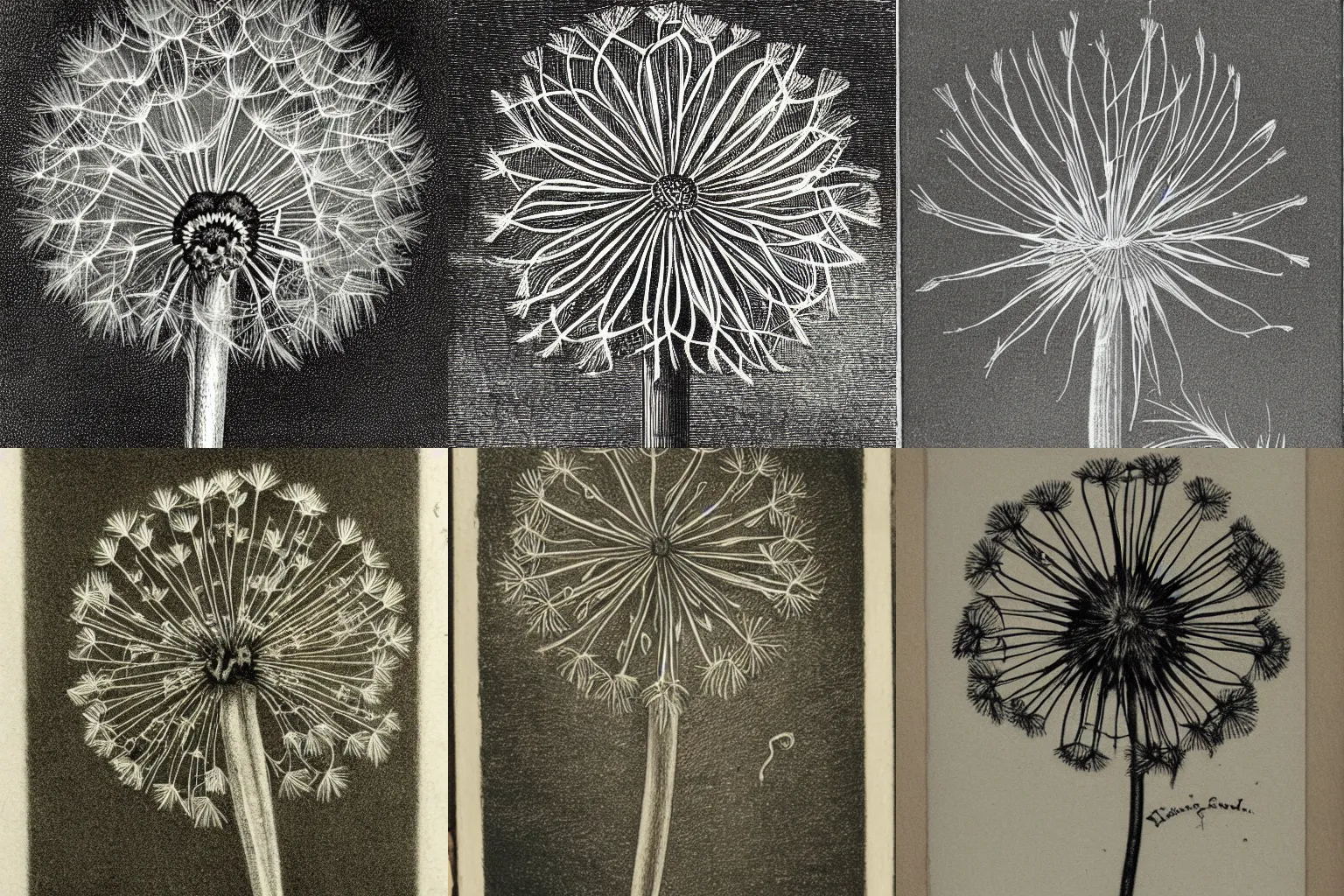 Prompt: an etching of a dandelion with tentacles, dark, creepy