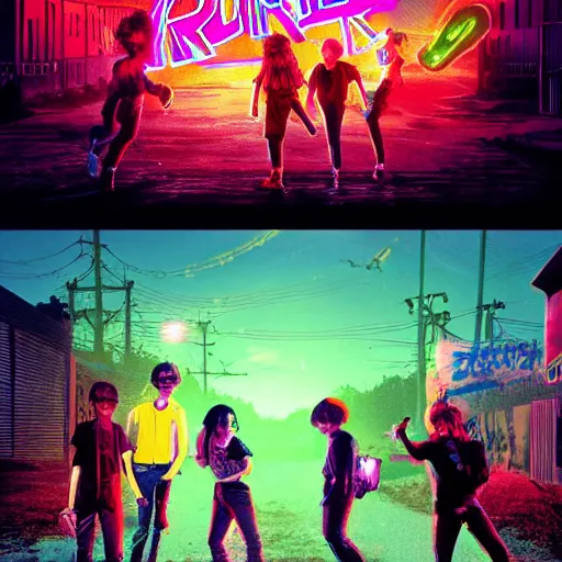 Image similar to young punk rockers fighting against zombies at the playground, by baseball bat in the retro wave stranger things style, neon colors, hyper detailed, digital art, cinematic lighting, concept art by artgerm and greg rutkowski and caravaggio and moebius and jakub rebelka, 8 k