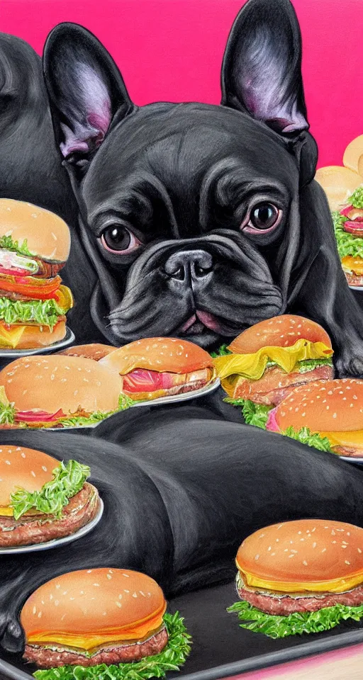 Image similar to painting of black french bulldog, portrait, tray of hamburgers, bright colors, highly detailed, rococo style painting