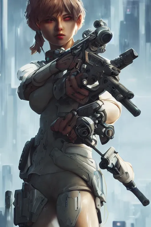 Image similar to beautiful illustration of a cyborg mercenary girl holding a rifle, art by wlop, artgerm, upper body, cyberpunk, neon, elegant, highly detailed, trending on artstation, sharp focus, caustics, octane render, radiant light, 4 k