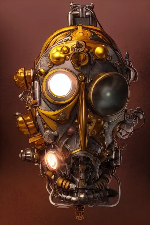 Image similar to steampunk mask minimalist fantasy art robot ninja helmet, global illumination ray tracing hdr fanart arstation by sung choi and eric pfeiffer and gabriel garza and casper konefal radiating a glowing aura