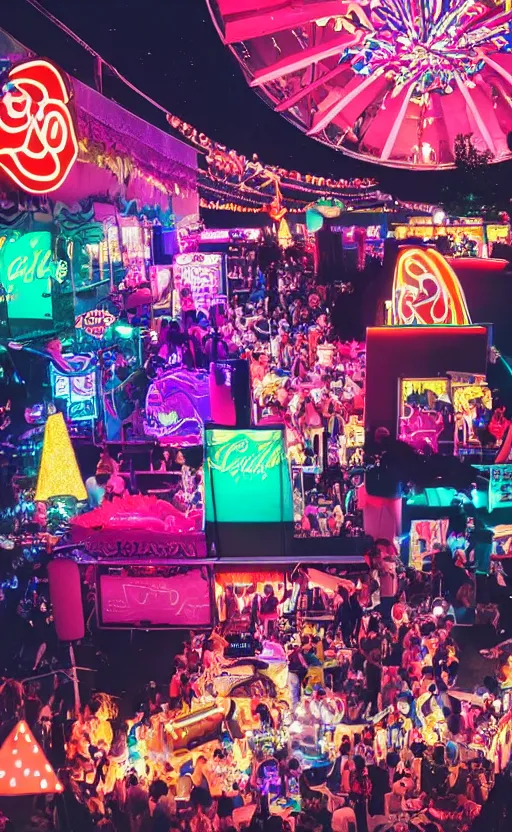 Prompt: super realistic, aesthetic, beautiful and colorful photo of a incredibly beautiful 8 0 s fair at nighttime, beautiful, professional camera