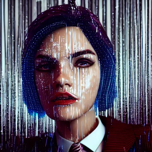 Prompt: stylish woman cartoon portrait made out of rain, pinstripe suit, short blond hair, galactic background, rendered in octane, unreal engine, highly detailed, trending on artstation, realistic, neon, beautiful