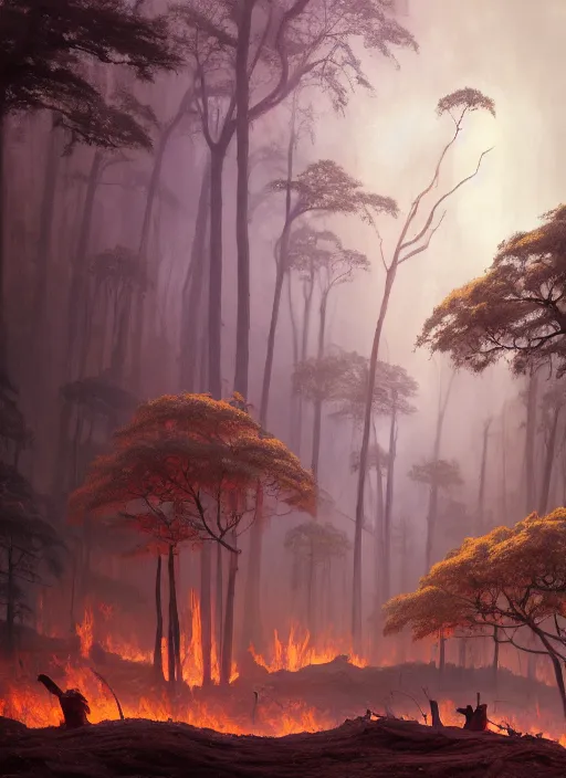 Prompt: burned forest, smoke, shadowy creatures, extremely detailed oil painting, unreal 5 render, rhads, sargent and leyendecker, savrasov levitan polenov, bruce pennington, studio ghibli, tim hildebrandt, digital art, landscape painting, octane render, beautiful composition, trending on artstation, award winning photograph, masterpiece