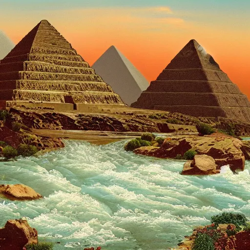 Prompt: an image of a flowing river full of blood and pyramids in the background