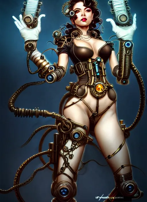 Image similar to front portrait hands behinds pose of attractive Lady Mechanika with wavy hair using white gloves, hands behind her pose!, Intricate steampunk imagery , D&D!, fantasy style, sharp focus!, ultra detailed, art by Artgerm and Peter Andrew Jones, WLUP