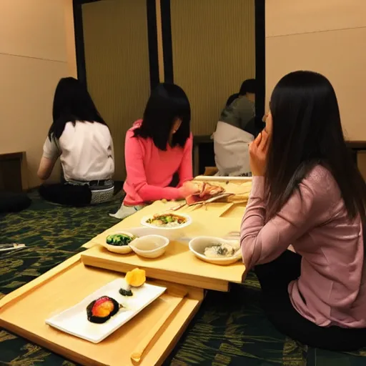 Prompt: photo of a beautiful Japanese girl eating sushi, symmetrical, golden ratio, happy,