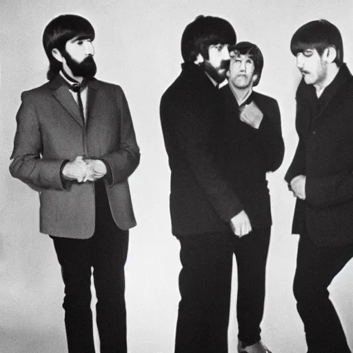 Image similar to a photo of paul, george, ringo and john all with a blank look on their faces, looking at one another